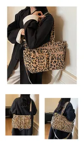 Detailed views of leopard print tote bag showing zipper pockets and adjustable strap