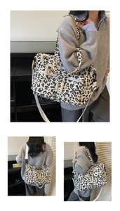 Detail of leopard print corduroy tote bag showing side view and woven rope texture