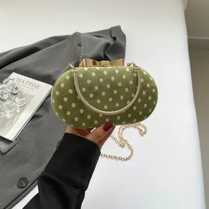 French Vintage Polka Dot Evening Clutch Bag For Women PU Suede Oval Handbag With Gold Bow Clasp Metal Chain Crossbody Shoulder Bag