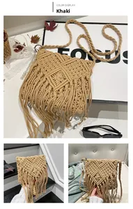 Detailed close-up of khaki bohemian woven bag featuring diamond mesh patterns and long tassels