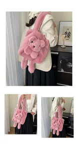 Detailed view of soft pink plush tote bag featuring 3D cute bear character decorations