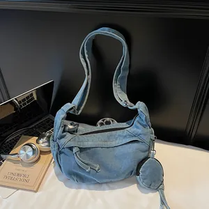 Retro Gewaschener Denim Dumpling Umhängetasche Für Damen Urban Einfach Große Kapazität Tote Schultertasche Mit Runder Geldbörse