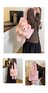 Close-up of pink fuzzy tote with a 3D teddy bear plush and soft faux fur shoulder strap
