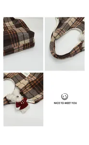 Detail view of plaid wool tote bag showing texture, plush charm and inner lining