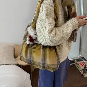 Plaid wool shoulder bag for women with yellow check pattern and cute puppy charm