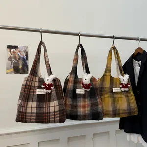 Retro plaid wool tote bag with teddy bear charm for women and students in autumn winter