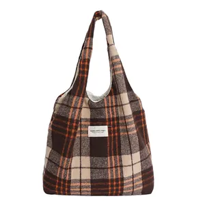Retro plaid wool tote bag in brown and orange tones with large capacity for autumn