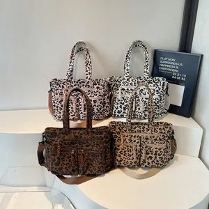 Leopard print corduroy tote bags with multi-pocket design in four stylish colors
