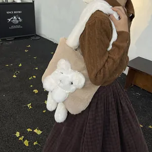 Chic autumn plush tote bag in apricot with white fluffy handle and 3D bear detail