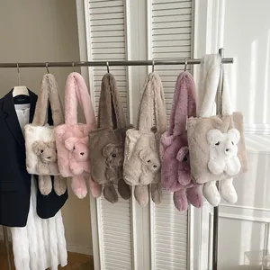 Colorful plush tote bags with 3D teddy bears in pink, brown, purple, and beige