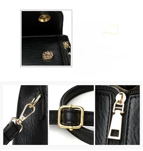Detailed view of high-quality gold hardware and lychee textured leather on a black bag