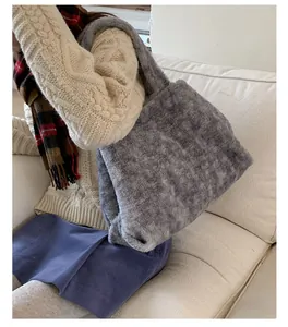 Detail of soft grey faux fur tote bag with wide strap for plush autumn winter look