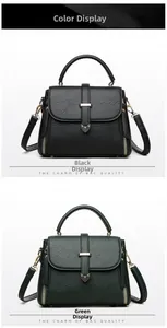 Detail view of large capacity crossbody bags in black and green with lychee texture leather