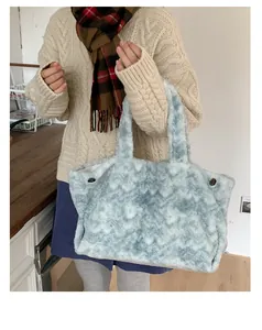 Detail of soft faux fur tote bag in light blue with winter knitwear and scarf outfit