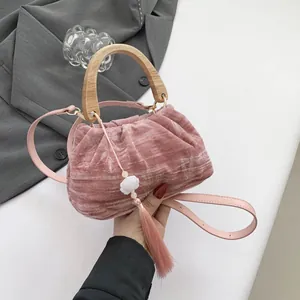 New Chinese Style Velvet Handbag With Wooden Handle Embroidered Tassel Crossbody Bag For Women Vintage Pleated Evening Bag