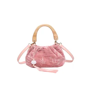 Pink velvet embroidery handbag with wooden handle and tassels for cheongsam outfit