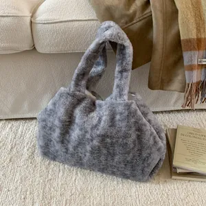 Women Plush Faux Fur Large Capacity Tote Bag Lazy Style Soft Winter Warm Shoulder Handbag Korean Fashion Solid Marble Pattern