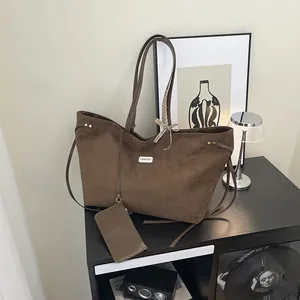 Damen Retro Wildleder Tragetasche Große Kapazität Schultertasche Mit Schleife Band Und Untertasche Einfarbig Mode Handtasche