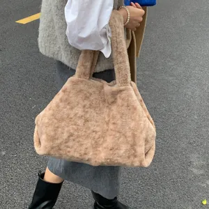 Large plush tote bag for women in soft camel faux fur for autumn winter fashion look