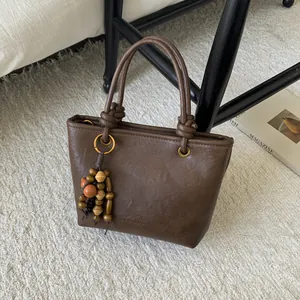 Retro PU Leather Handbag For Women Minimalist Large Capacity Bucket Bag With Wood Bead Pendant Casual Crossbody Shoulder Bag