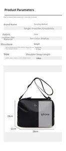 Black leather crossbody bag size guide with iPhone comparison and precise dimensions