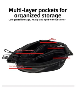Detailed view of the multi-layer storage structure and functional zippers on a black bag