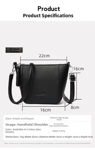 Detailed size chart of a black litchi pattern bucket bag showing precise dimensions