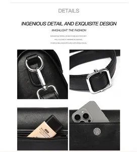 Detail of black leather bag showing silver hooks, buckles, zippers and magnetic clasp