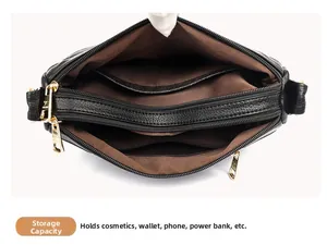Vue intérieure du sac en cuir noir avec plusieurs compartiments et zip doré brillant