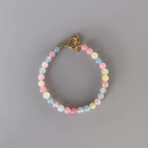 18K Gold Plated Titanium Steel Natural Stone Beaded Bracelet Green Pink Candy Color Square Cut Adjustable Heart Charm Jewelry