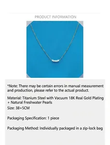 Detailed view of 18k gold plated titanium steel necklace with five natural pearls