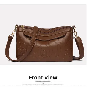 Détail de sac marron foncé avec motifs floraux gaufrés et trois fermetures éclair