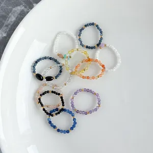 Handmade Colorful Natural Stone Beaded Rings For Women Titanium Steel Minimalist Elastic Finger Ring Bohemia Jewelry