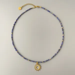 Collar de Cuentas de Piedra Natural Acero de Titanio Chapado en Oro de 18K Colgante Sol Corazón Joyería Bohemio Mujer