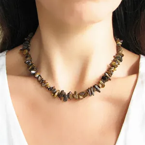 Collier en perles d'œil de tigre fait main avec pierres naturelles brunes et dorées