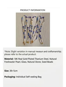 Detail of evil eye necklace featuring colorful seed beads and freshwater pearls