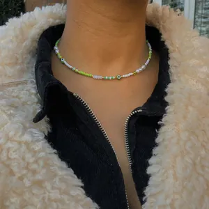 Handmade Evil Eye necklace with colorful beads and pearls for women daily wear