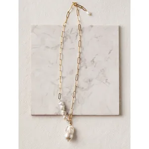 Baroque freshwater pearl necklace with 18k gold plated stainless steel paperclip chain