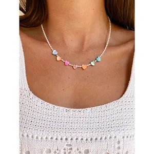 Fresh freshwater pearl necklace with seven colorful rainbow heart charms for women
