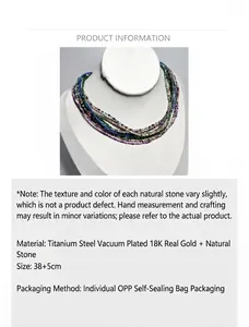 Detail view of colorful natural stone beaded necklace with 18K gold plated titanium steel