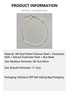 Detail of shell heart beaded necklace with 18K gold plated titanium steel chain links