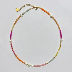 Handgefertigte Perlenkette Mit Süßwasserperlen Damen Bunte Naturstein Titanstahl Vergoldet Herz Anhänger Schmuck
