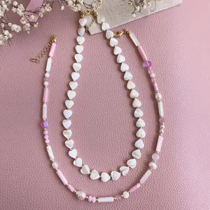 Handmade shell heart beaded necklace with 18k gold plated titanium chain for women