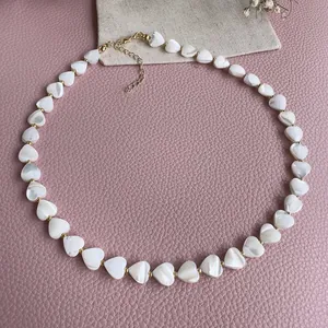 Handmade shell heart beaded necklace with 18k gold plated lobster clasp and extender