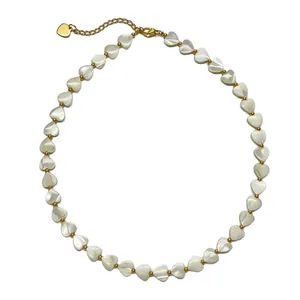 Shell heart beaded necklace with 18k gold plated stainless steel chain and lobster clasp