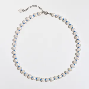 French vintage necklace with natural freshwater pearls and vibrant blue round beads