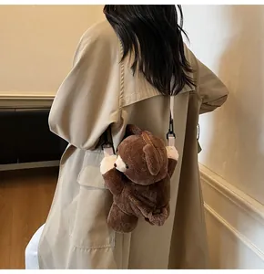 Rear view of brown plush bear crossbody bag worn by a model in a minimalist setting