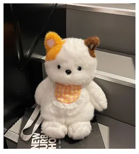 Detail of plush animal backpack with calico fur texture and yellow lace bib accessory