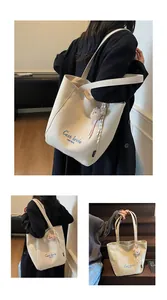 Gros plan détaillé des lettres brodées et du pendentif ours sur le sac en toile