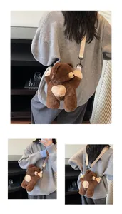 Detail of plush bear backpack featuring soft brown fur, sturdy zipper and adjustable strap